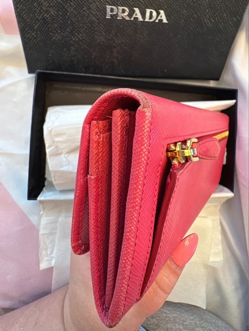 Prada Pink Saffiano Leather Continental Wallet with Gold Logo